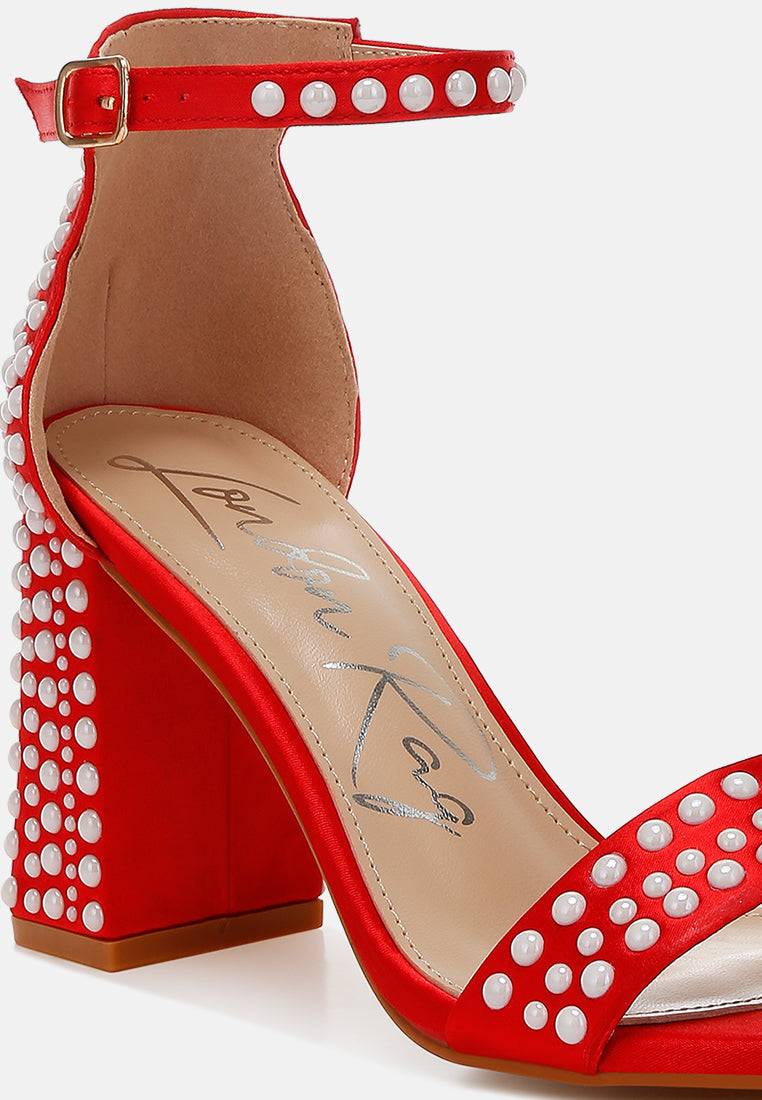women pearls embellished satin sandals#color_red