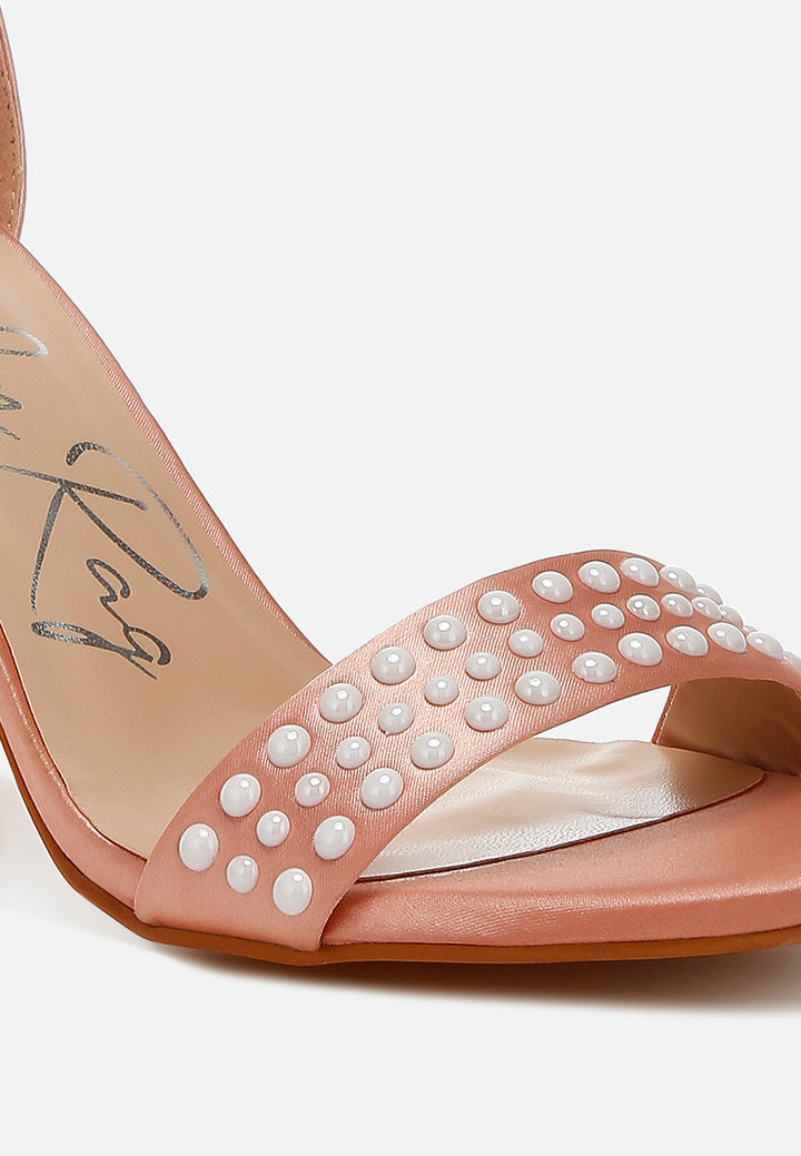 women pearls embellished satin sandals#color_rose-gold