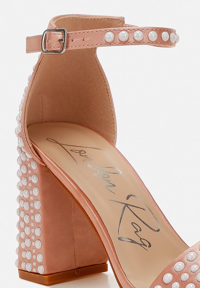 women pearls embellished satin sandals#color_rose-gold