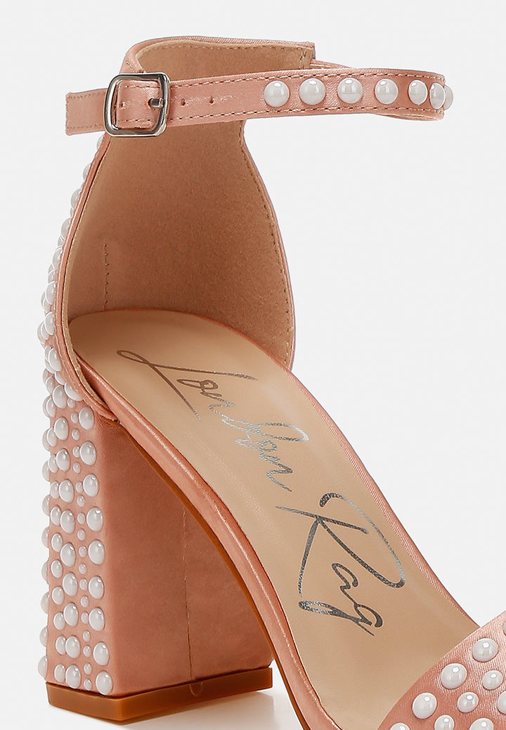 women pearls embellished satin sandals#color_rose-gold