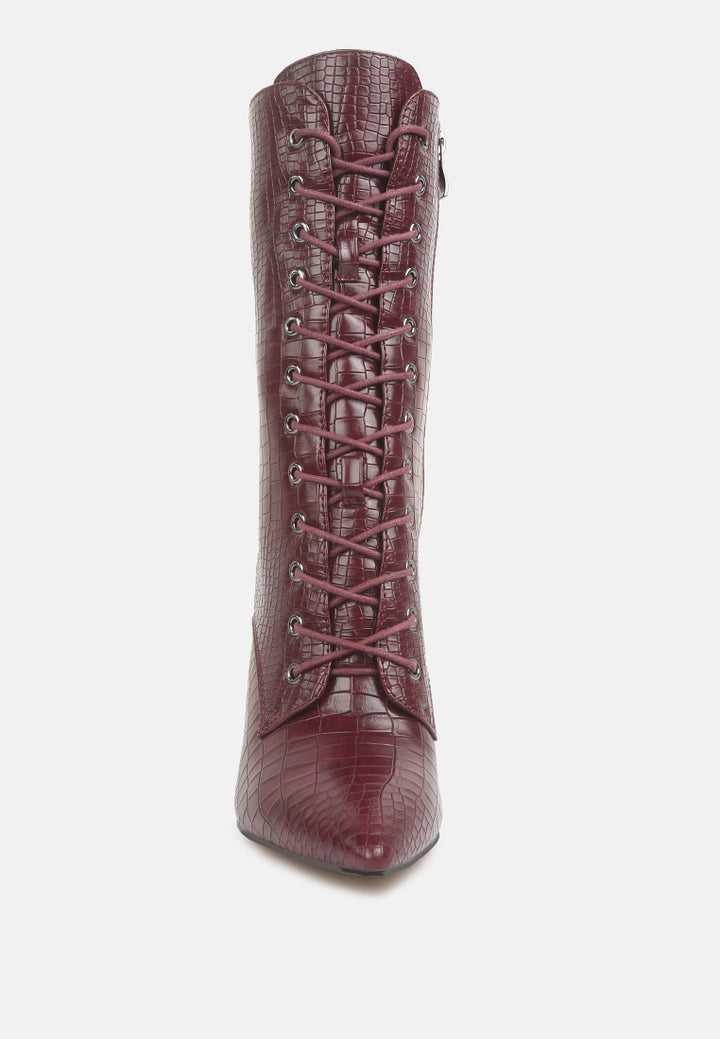 croc textured over the ankle boots by ruw#color_burgundy