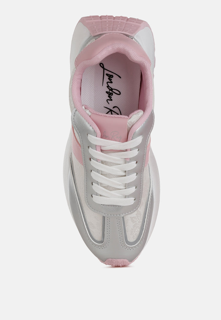 women print embroidery detail metallic sneakers#color_silver