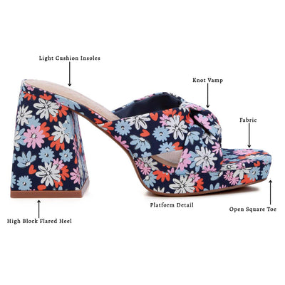 floral triangular block heel sandals#color_navy