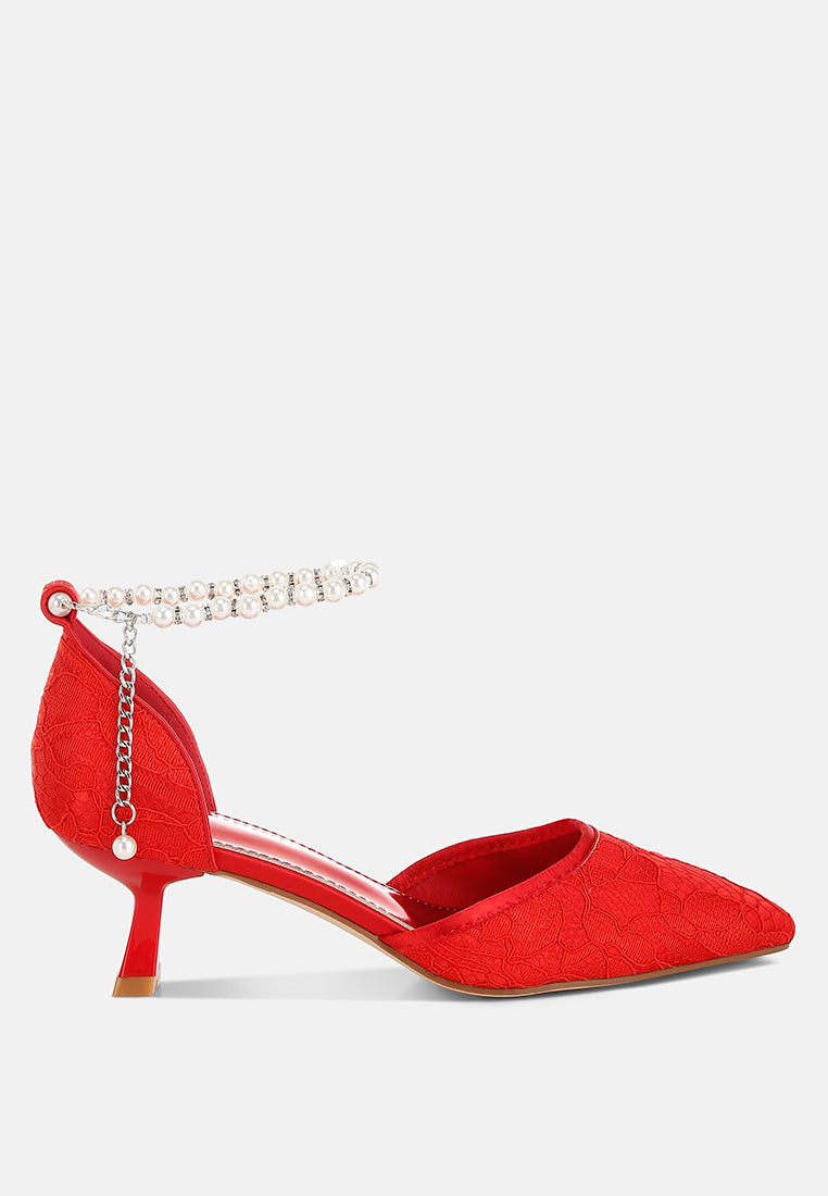 women lace kitten heel sandals#color_red