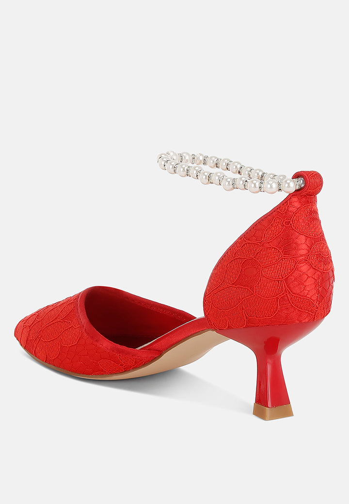 women lace kitten heel sandals#color_red