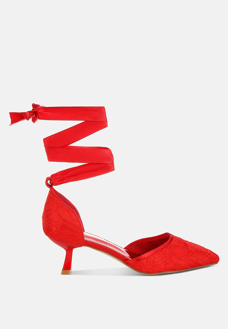 women lace kitten heel sandals#color_red