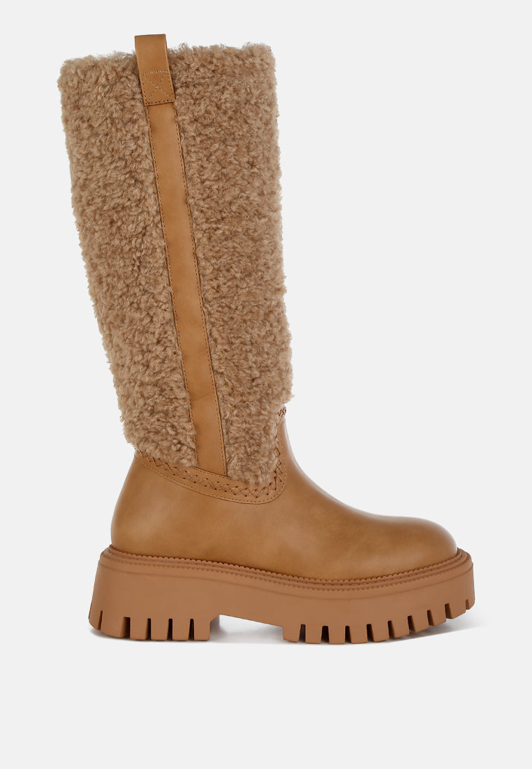 women fur detail calf length boots#color_beige