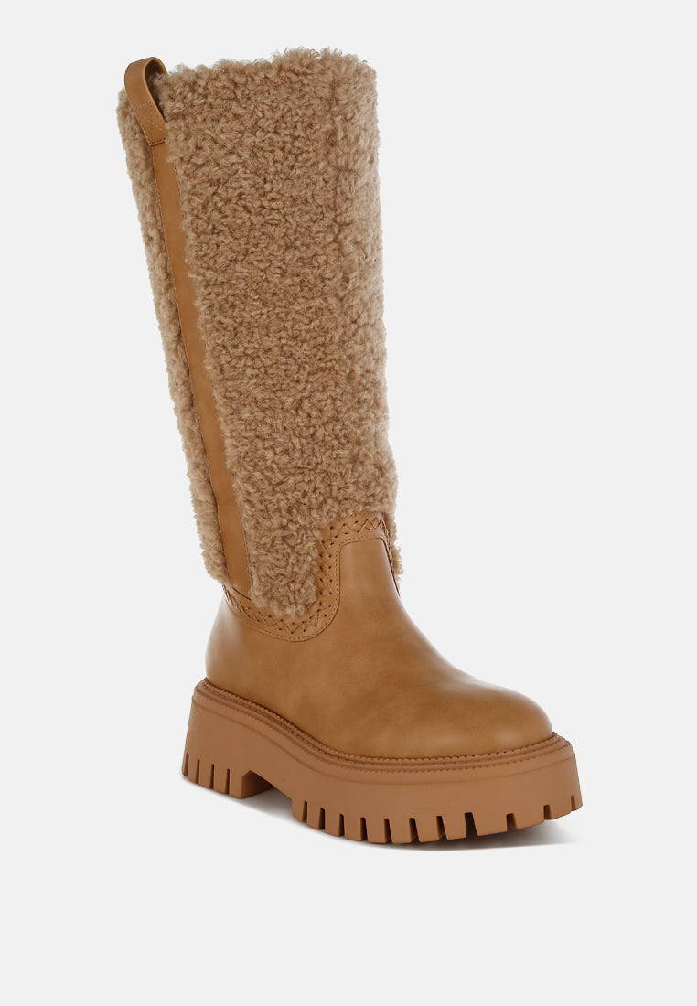 women fur detail calf length boots#color_beige