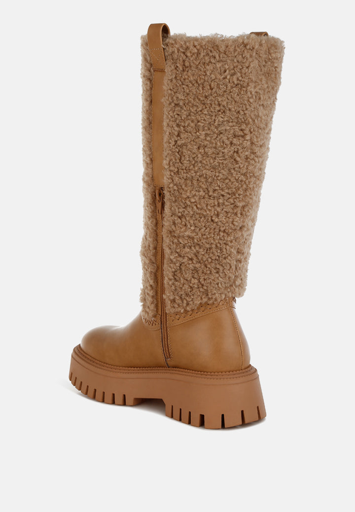 women fur detail calf length boots#color_beige