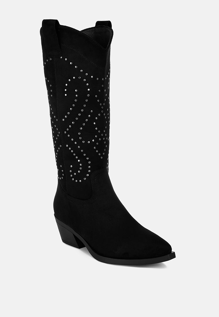 women studs embellished cowboy boots#color_black