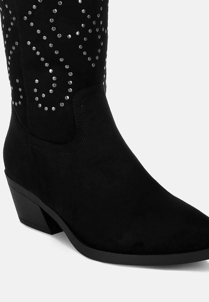 women studs embellished cowboy boots#color_black