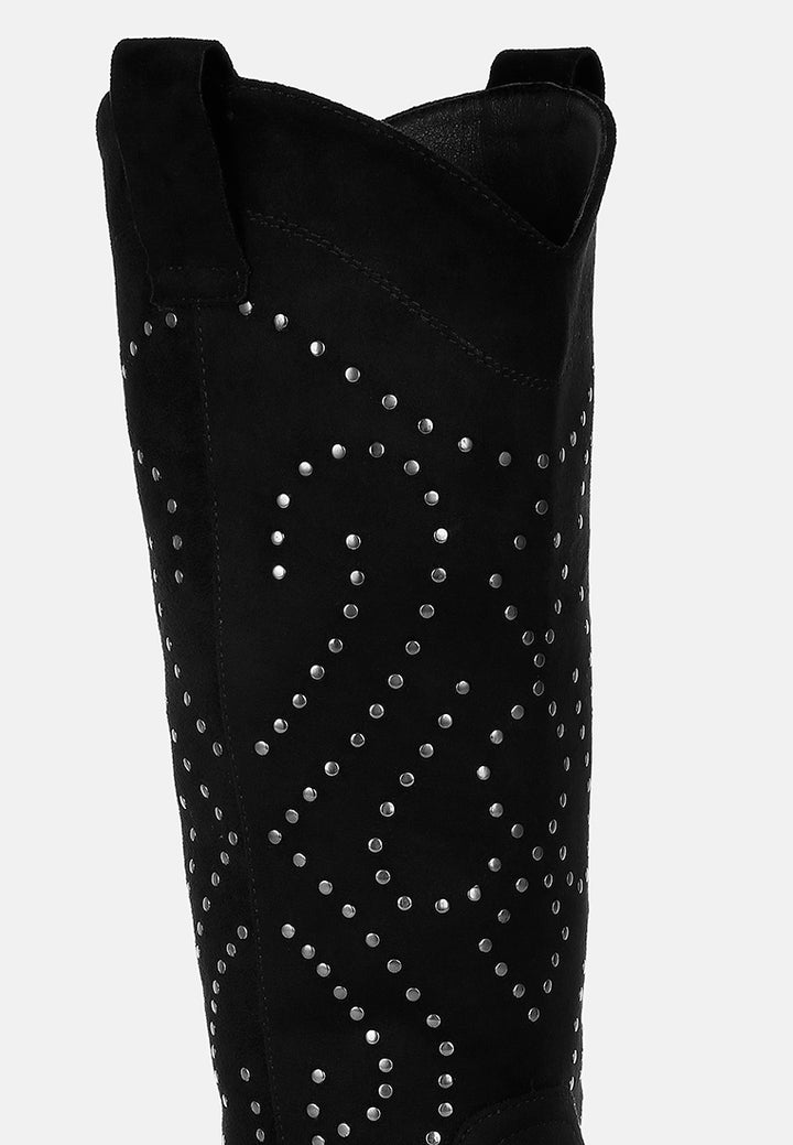 women studs embellished cowboy boots#color_black