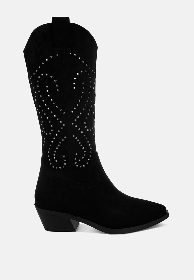 women studs embellished cowboy boots#color_black