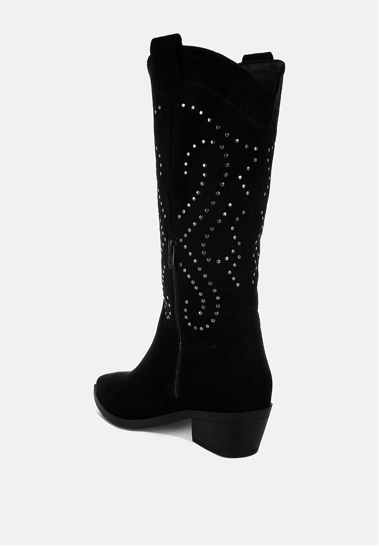 women studs embellished cowboy boots#color_black