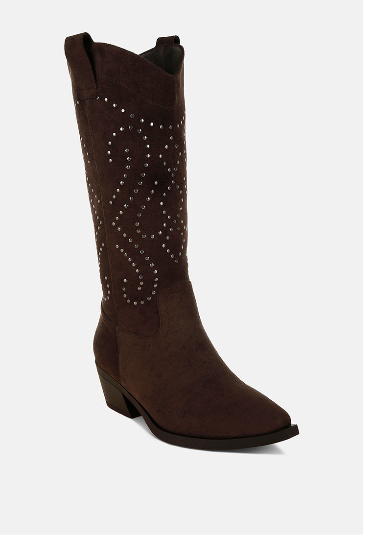 women studs embellished cowboy boots#color_brown