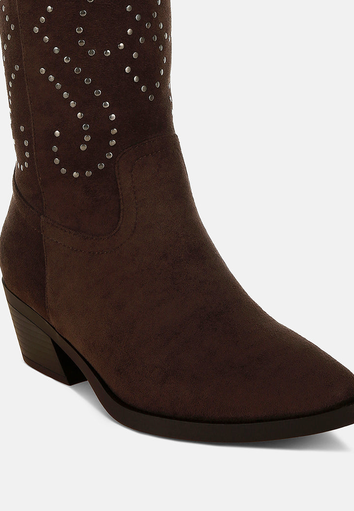women studs embellished cowboy boots#color_brown