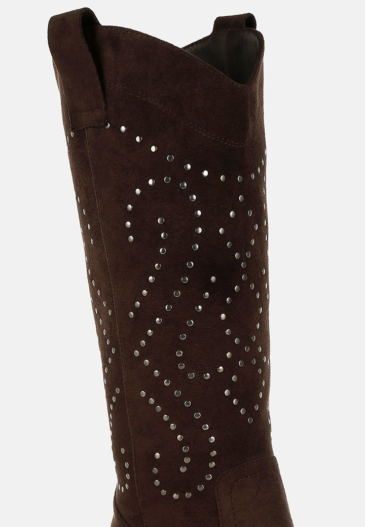 women studs embellished cowboy boots#color_brown