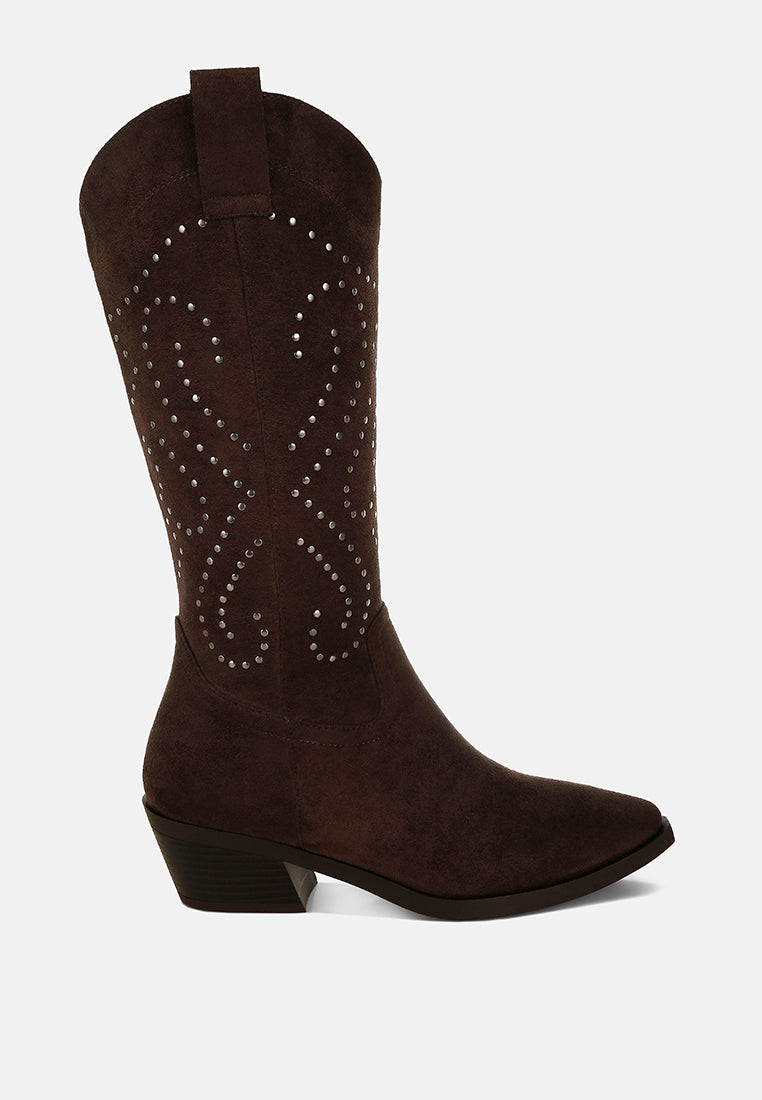 women studs embellished cowboy boots#color_brown