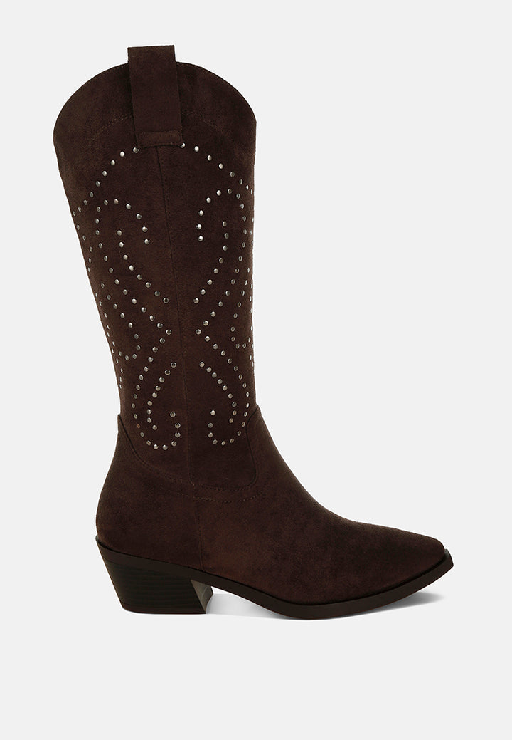 women studs embellished cowboy boots#color_brown