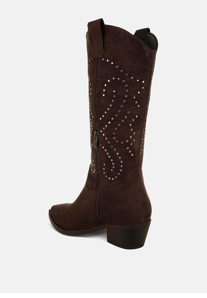 women studs embellished cowboy boots#color_brown