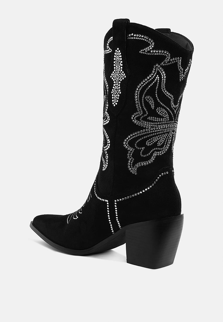women rhinestones embellished cowboy boots#color_black