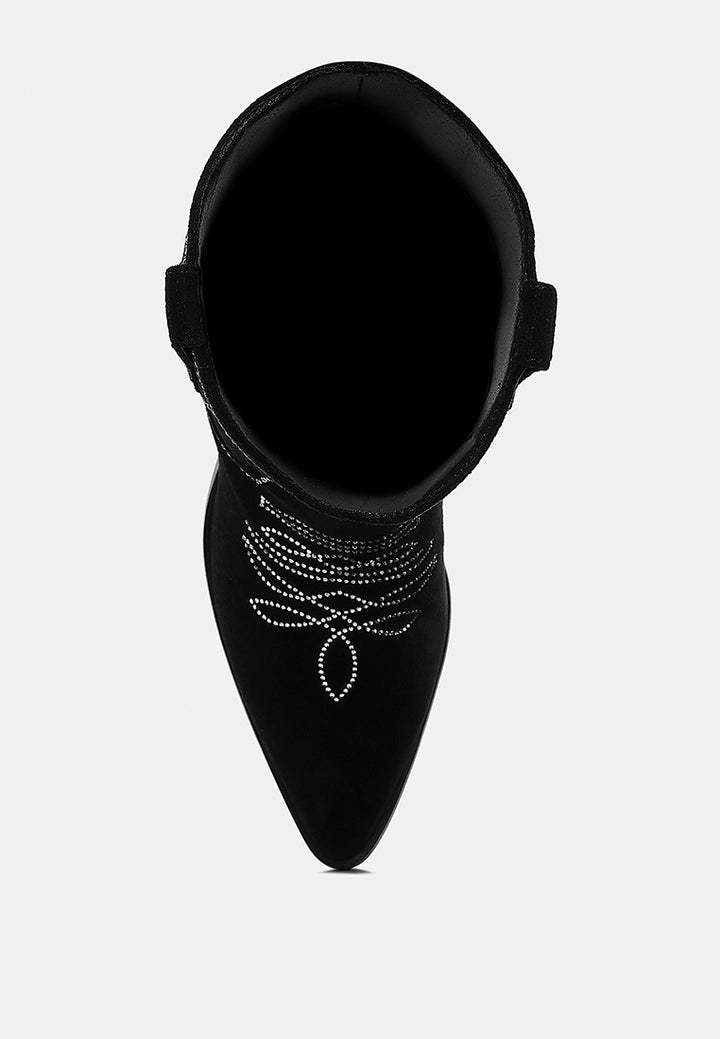 women rhinestones embellished cowboy boots#color_black