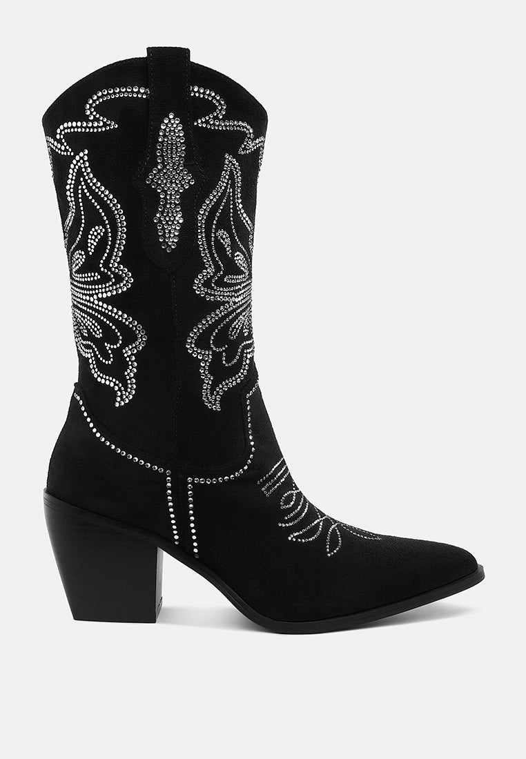 women rhinestones embellished cowboy boots#color_black