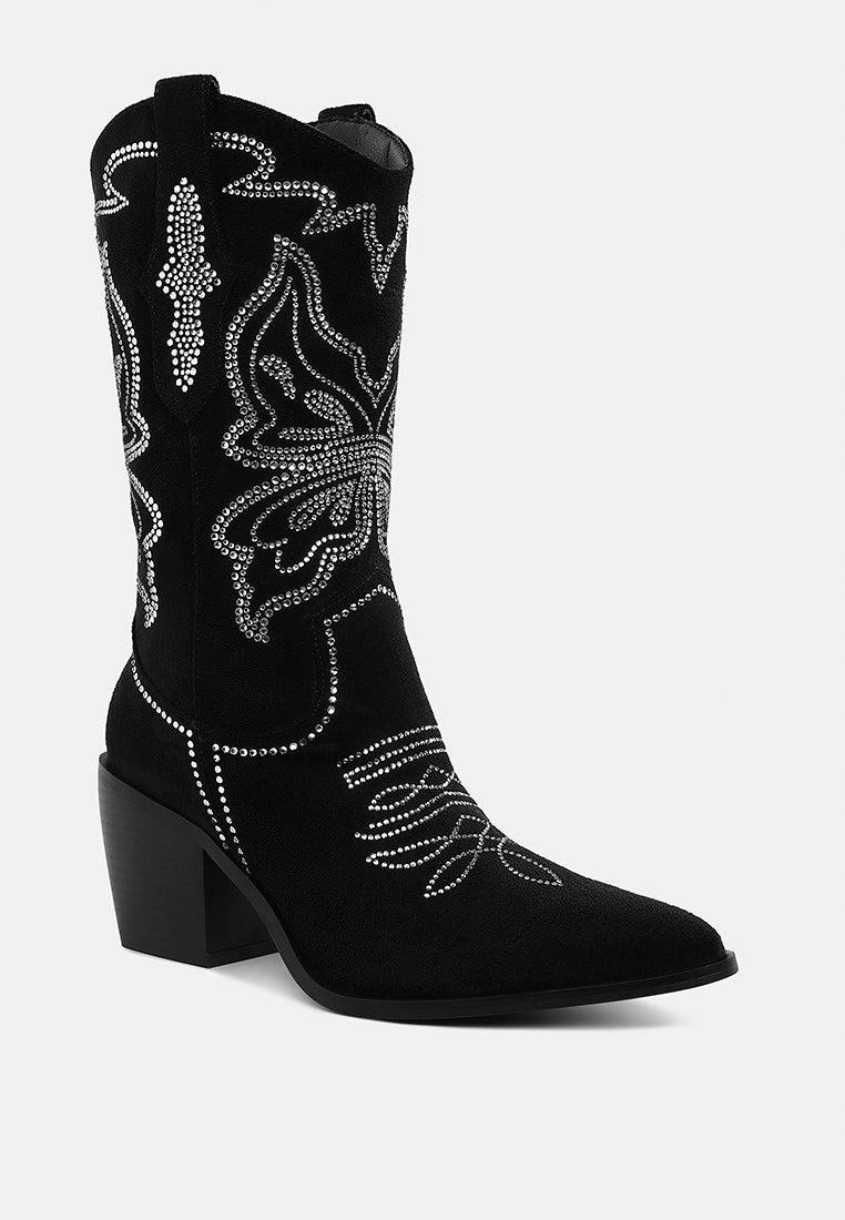women rhinestones embellished cowboy boots#color_black