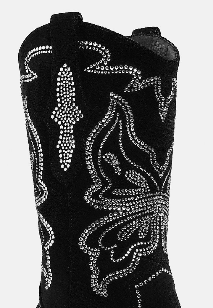 women rhinestones embellished cowboy boots#color_black