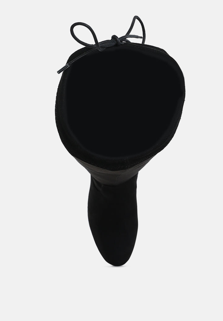 women minimal drawstring detail knee-high boots#color_black