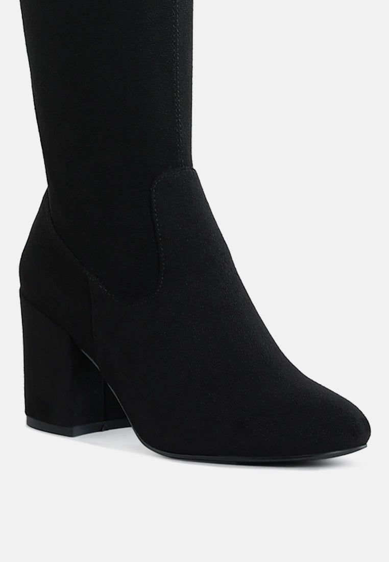 women minimal drawstring detail knee-high boots#color_black
