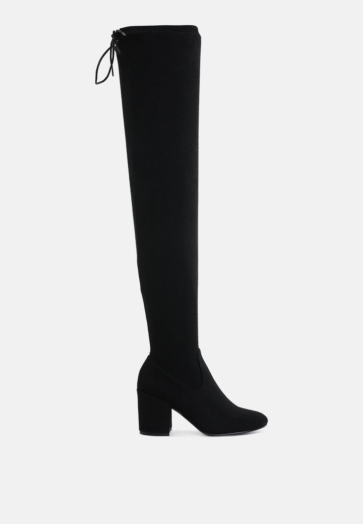 women minimal drawstring detail knee-high boots#color_black