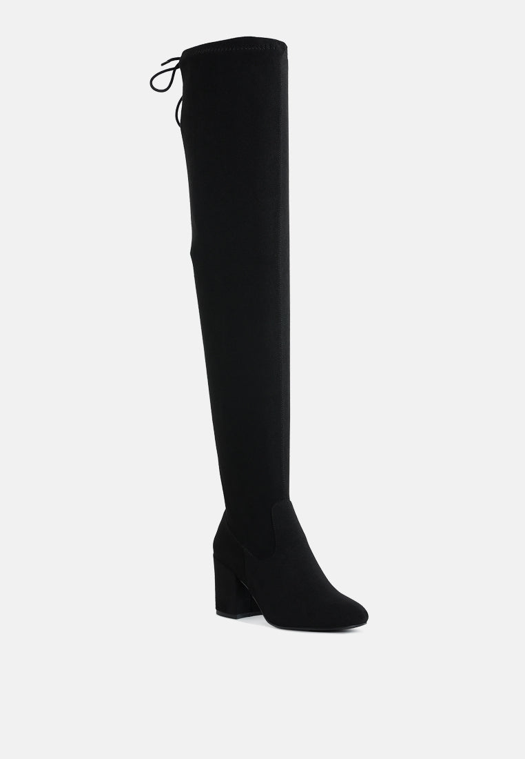 women minimal drawstring detail knee-high boots#color_black