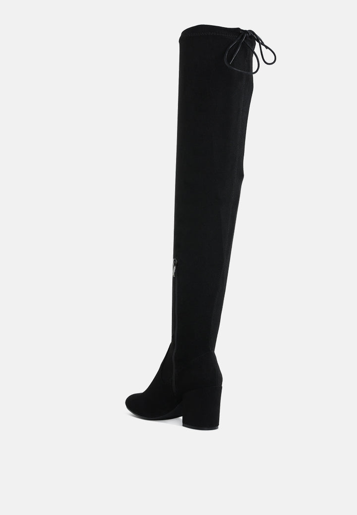 women minimal drawstring detail knee-high boots#color_black