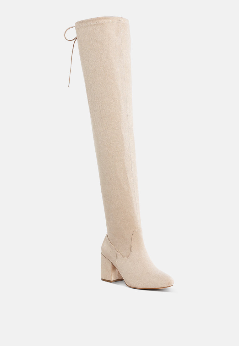 women minimal drawstring detail knee-high boots#color_beige