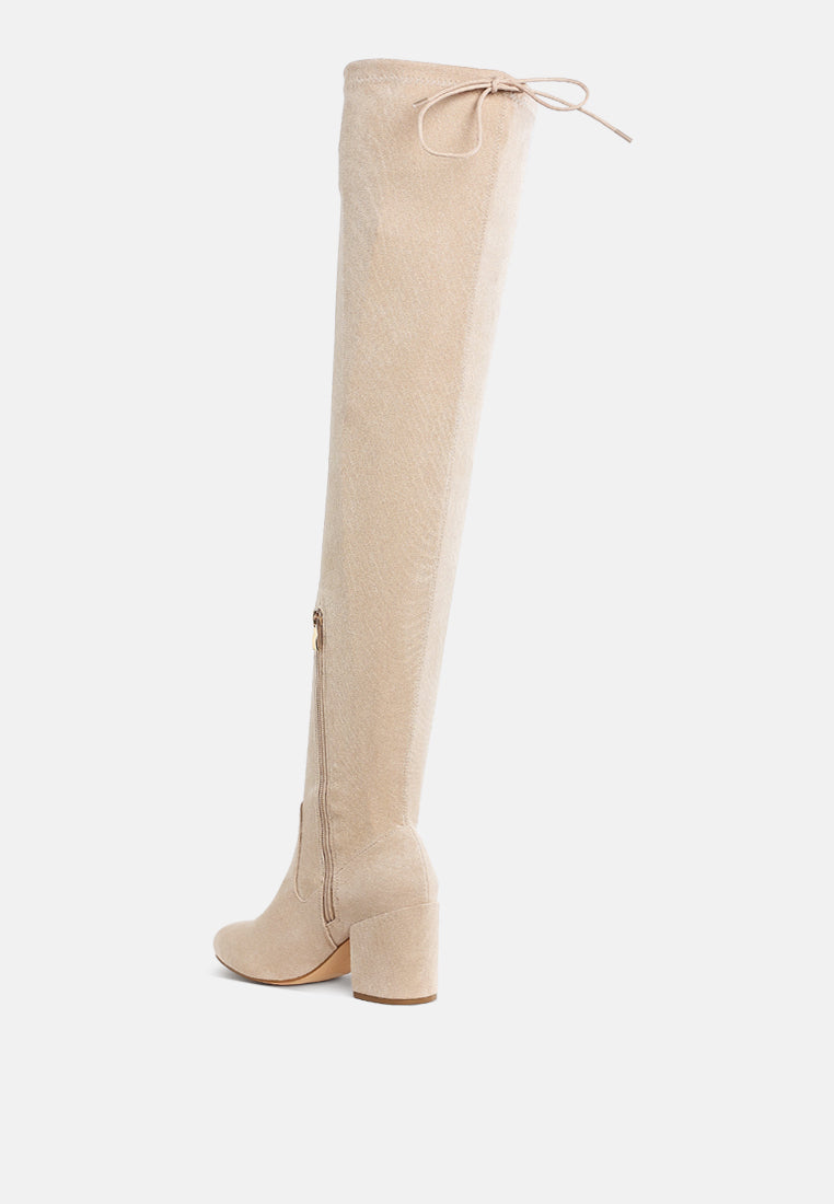 women minimal drawstring detail knee-high boots#color_beige