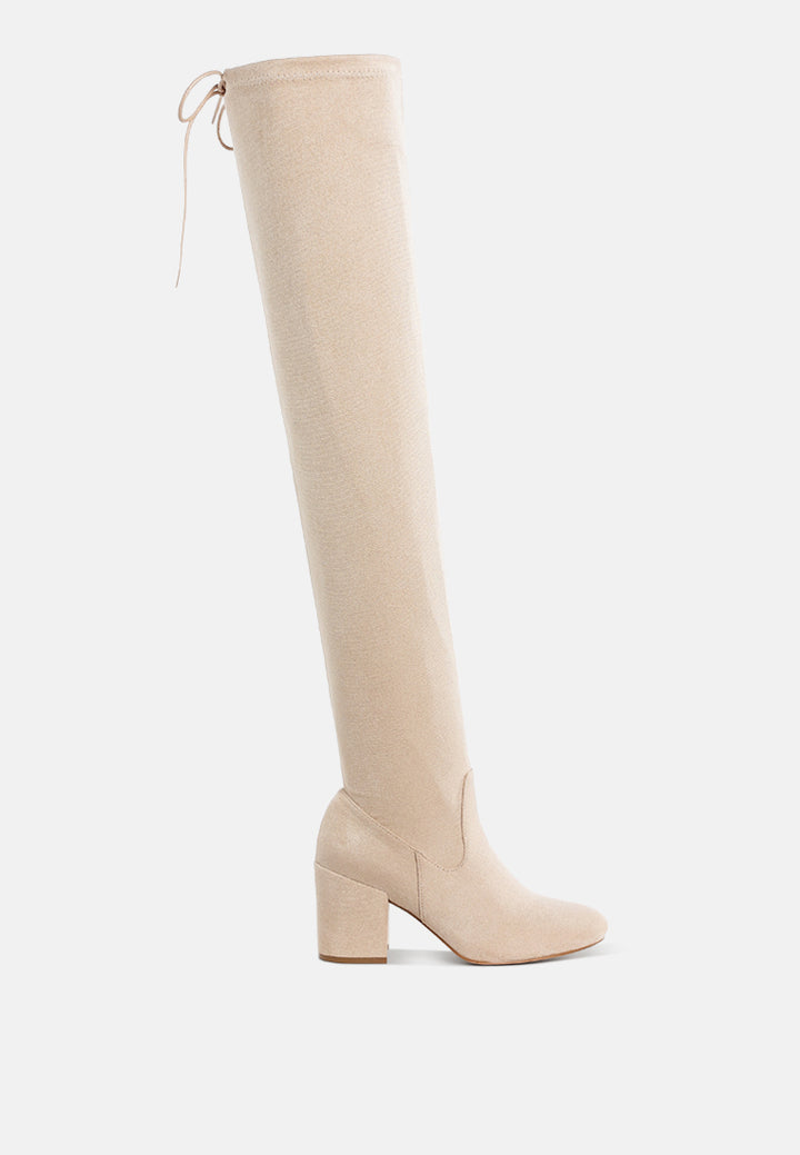women minimal drawstring detail knee-high boots#color_beige