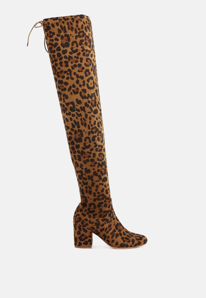 women minimal drawstring detail knee-high boots#color_leopard