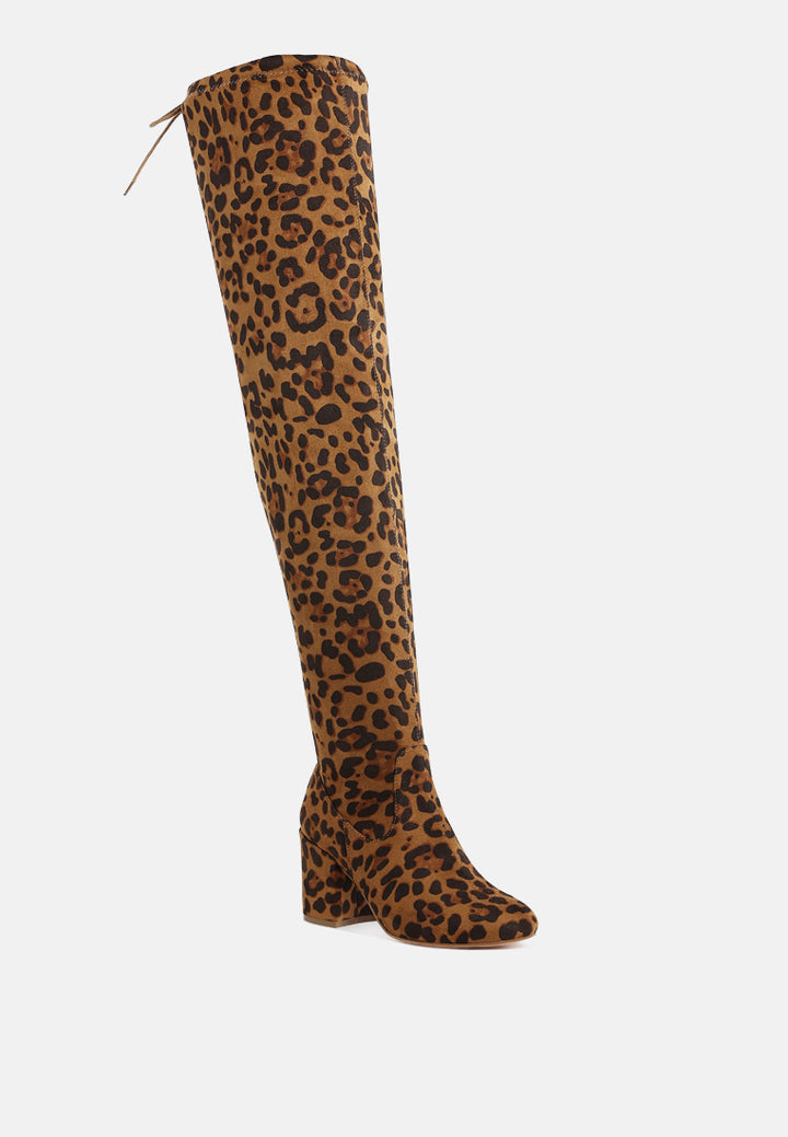 women minimal drawstring detail knee-high boots#color_leopard
