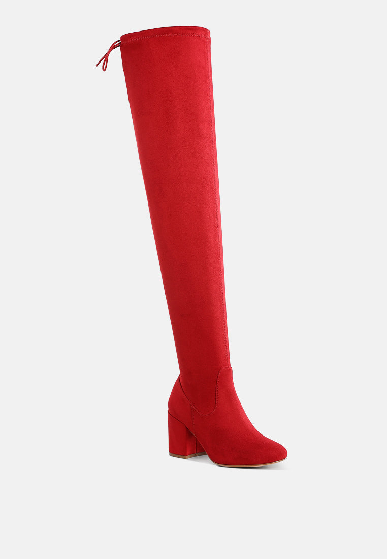women minimal drawstring detail knee-high boots#color_red