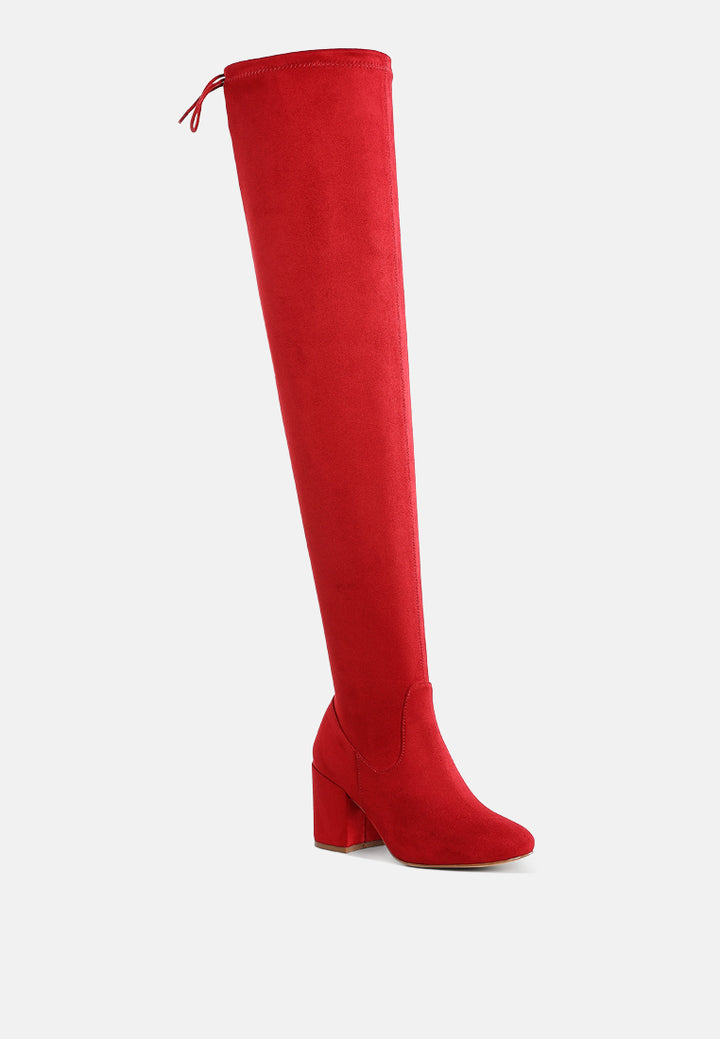 women minimal drawstring detail knee-high boots#color_red