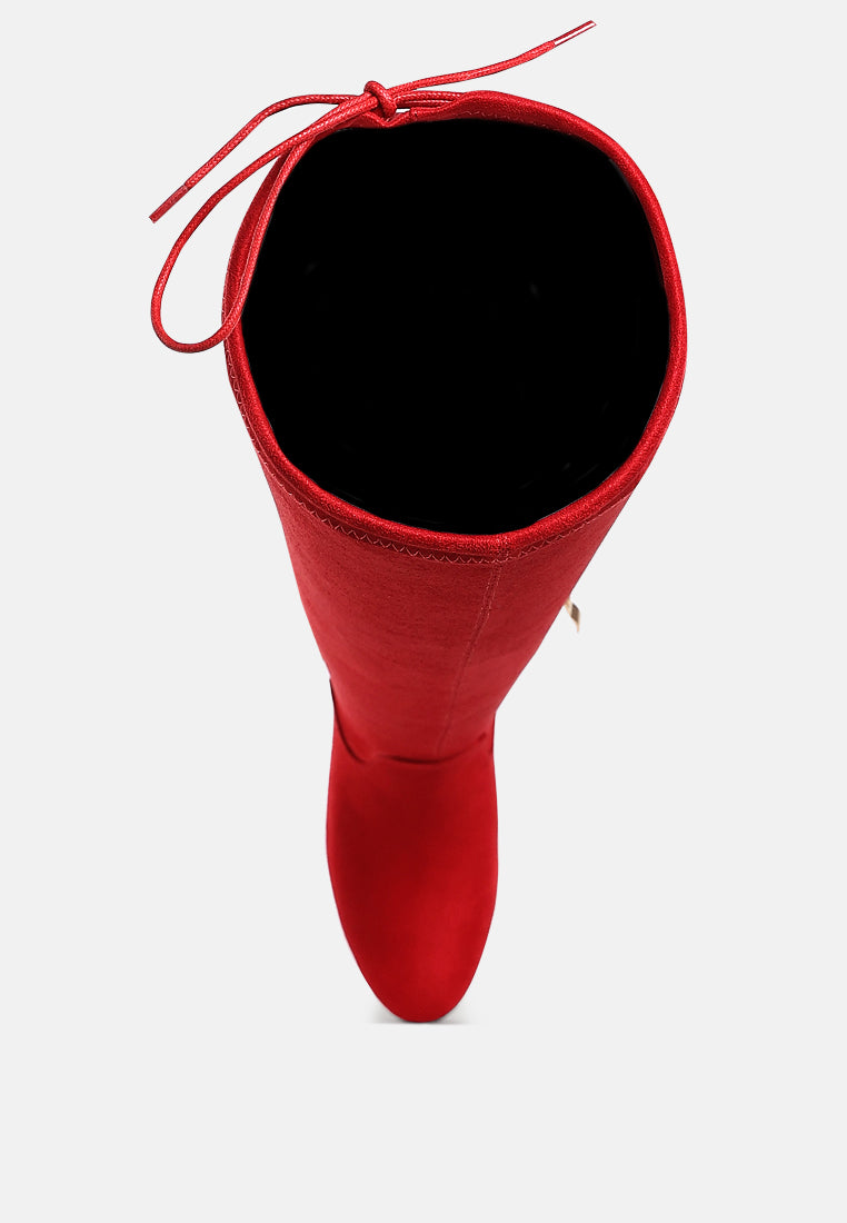 women minimal drawstring detail knee-high boots#color_red