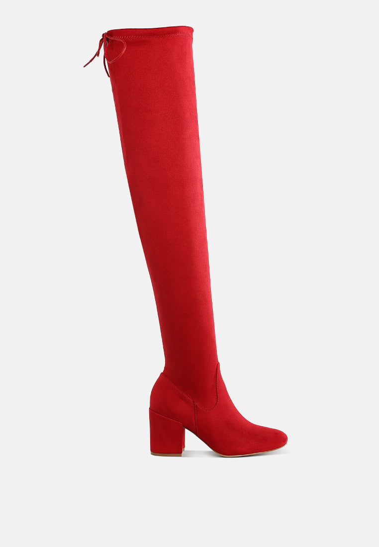women minimal drawstring detail knee-high boots#color_red