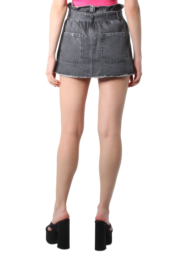 Grey Paperbag Denim Mini Skirt