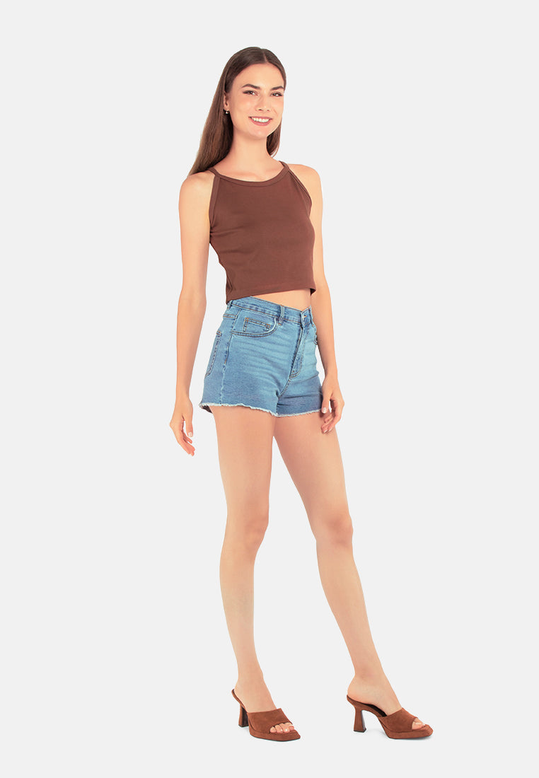 women high waist raw hem shorts#color_light blue