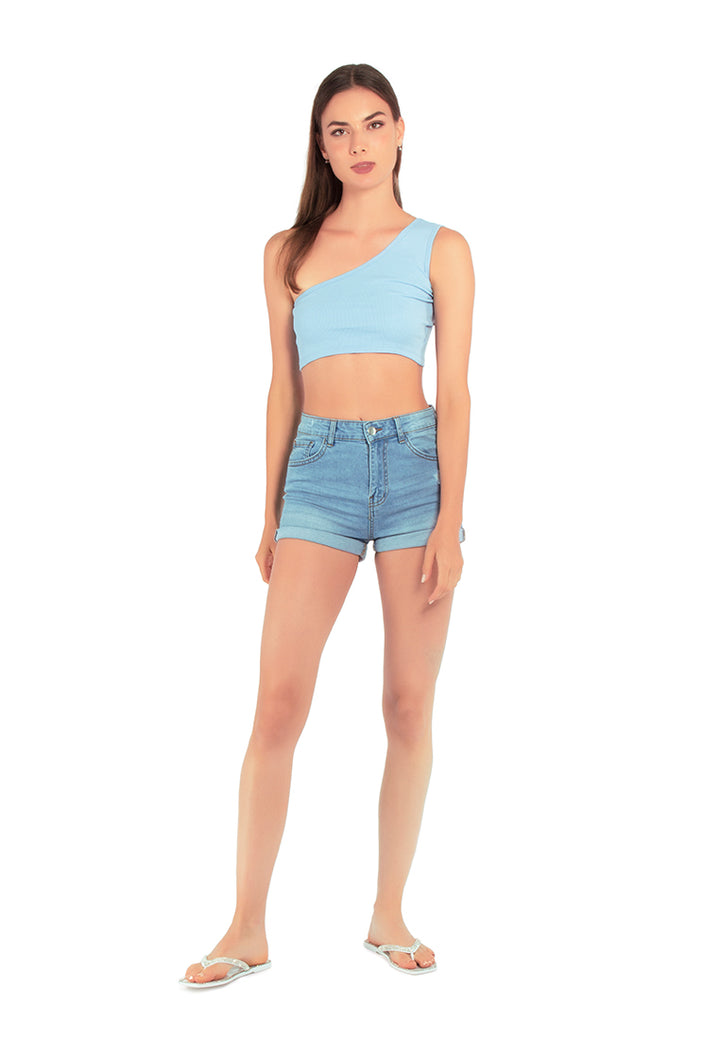 women high waist rolled hem shorts#color_blue