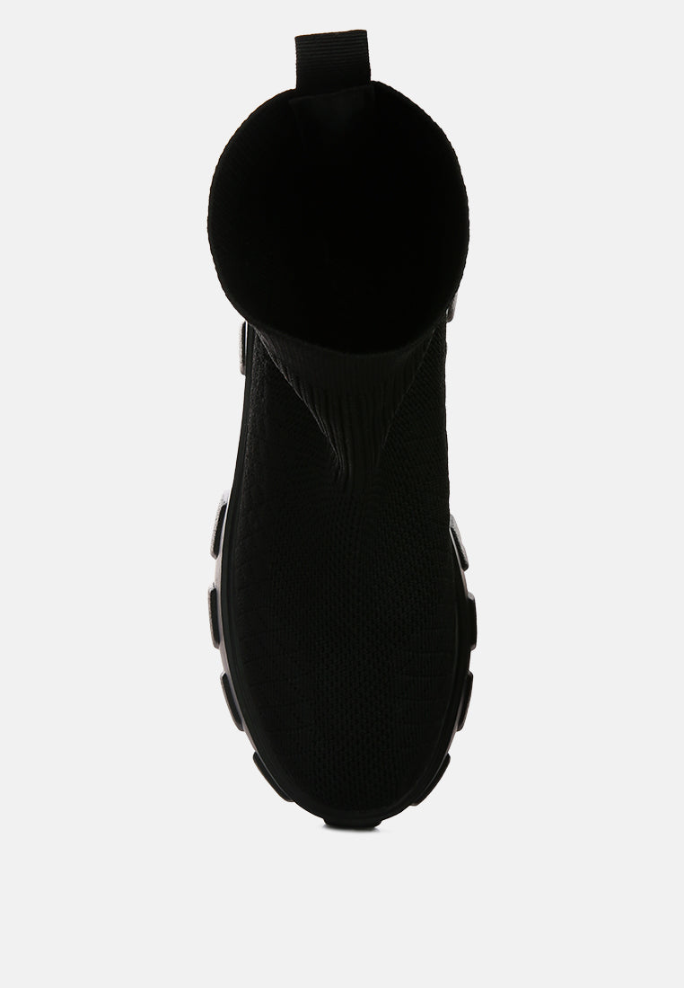 women stretch knit ankle boots#color_black