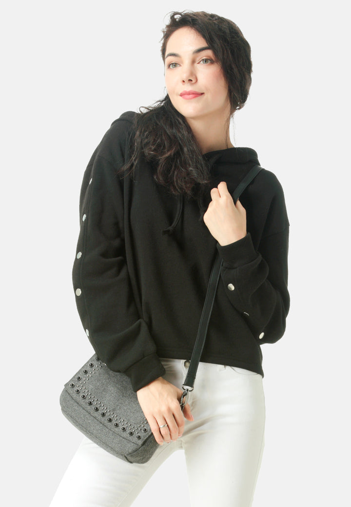 Women Button Detailed Sleeve Hoodie