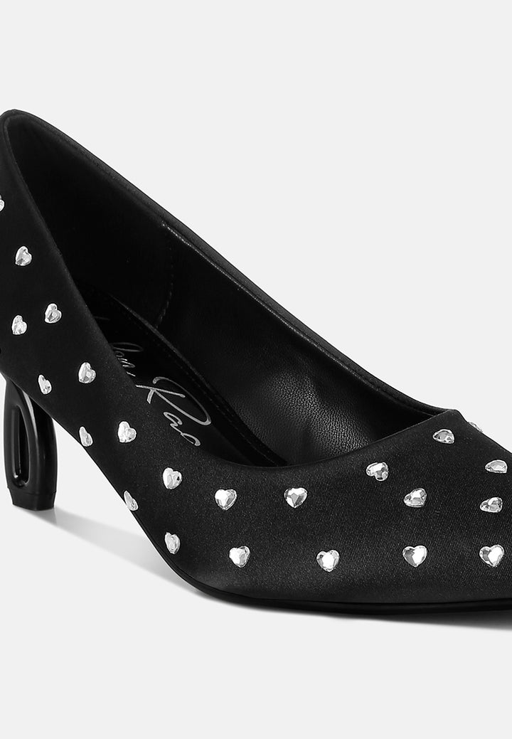 women heart-shaped rhinestones pumps#color_black