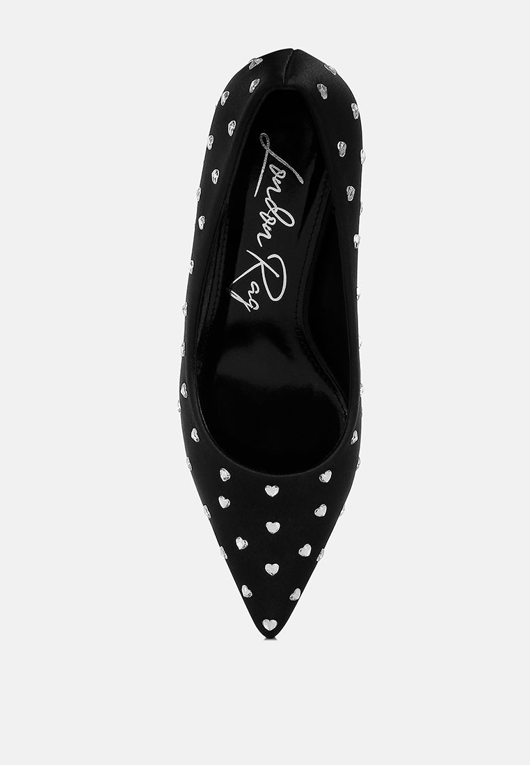 women heart-shaped rhinestones pumps#color_black